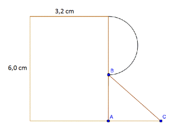 Et rektangel med lengde 6,0 cm og bredde 3,2 cm har festa en halvsirkel og en likebeint trekant til ene langsida slik at diameteren i halvsirkelen er lik høyden i trekanten.